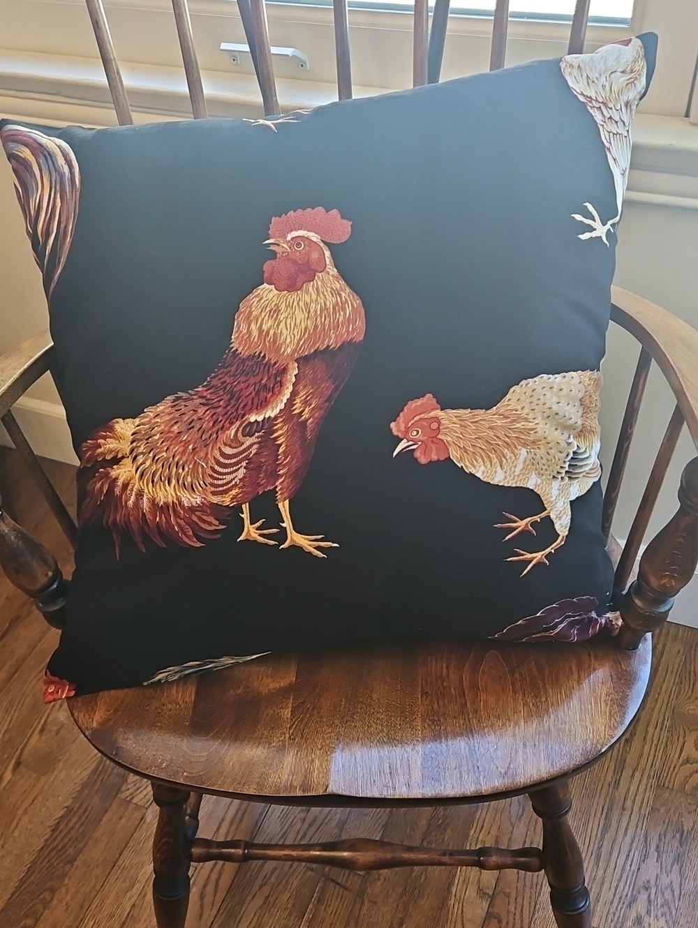 Rooster Accent Pillow in Black with Red and Brown Detail